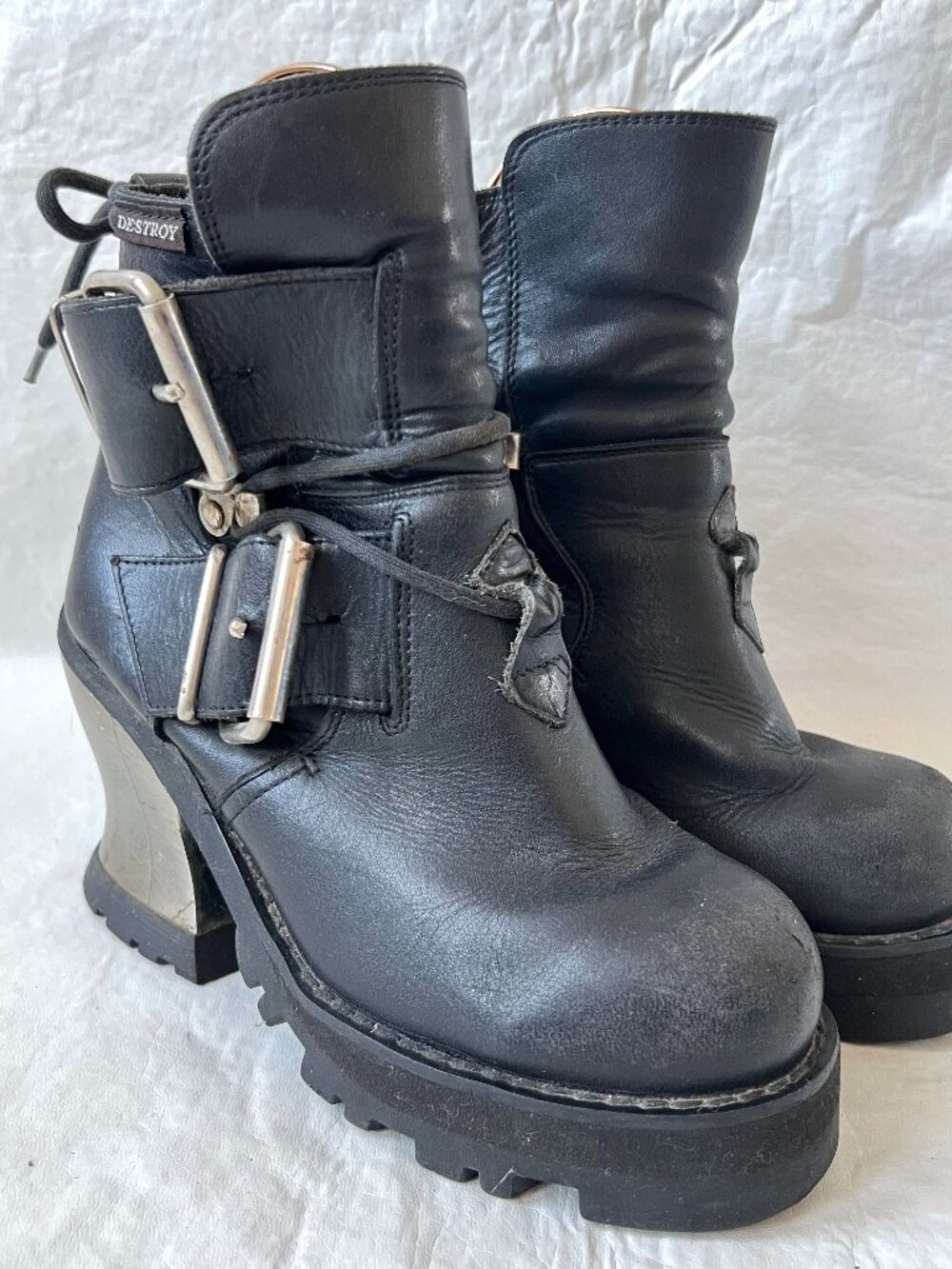Vintage Destroy boots black leather platform buckles chunky 37 high heel y2k